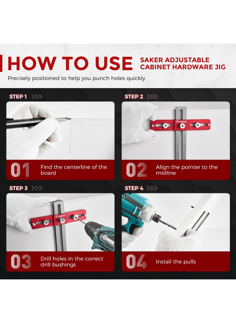 Saker Cabinet Hardware Doweling Jig,Adjustable Cabinet Template Tool for Knobs,Handles and Pulls,Self Centering Punch Locator Precise Woodworking Drill Guide for Drawer Cabinet Installation