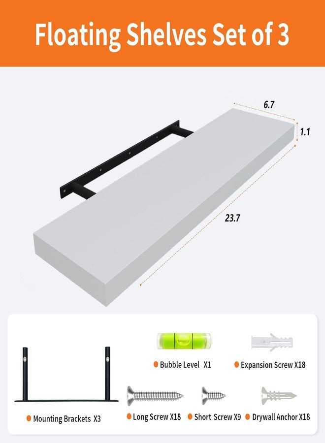 Upassion Floating Shelves for Wall Set of 3, 24" White Wall Shelves for Home Decor, Frame Display Wall Mounted White Floating Shelf for Living Room, Bedroom, Bathroom, Kitchen - Image 2