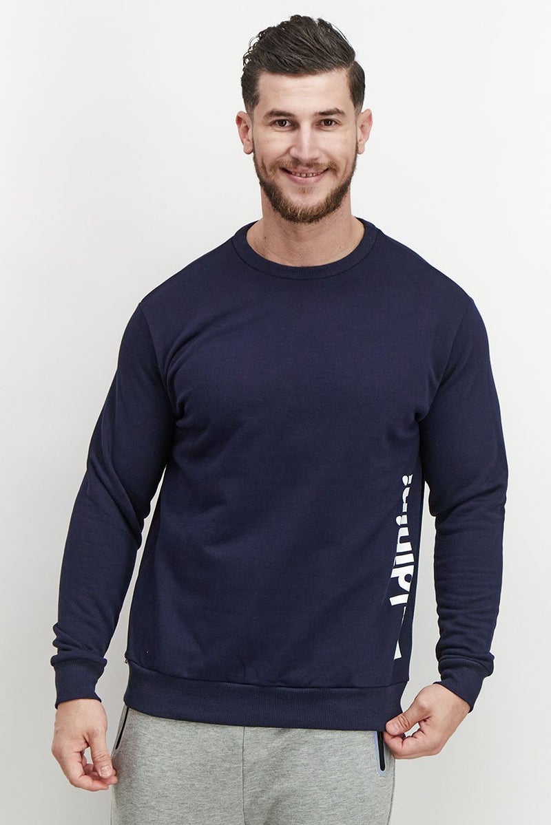 Baldinini Men Crew Neck Brand Logo Long Sleeve Sweatshirt, Navy and White - Image 1