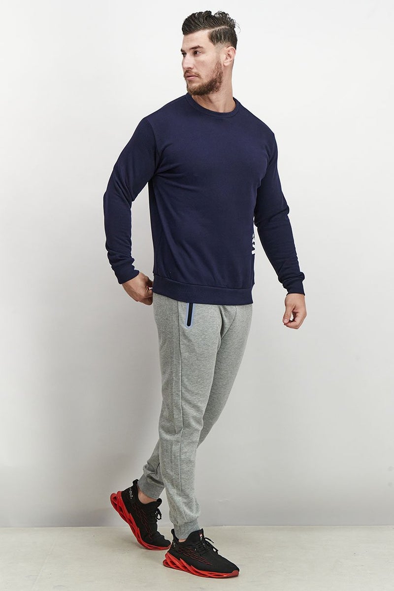 Baldinini Men Crew Neck Brand Logo Long Sleeve Sweatshirt, Navy and White - Image 3