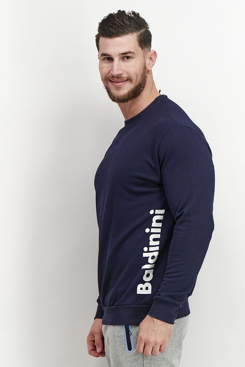 Baldinini Men Crew Neck Brand Logo Long Sleeve Sweatshirt, Navy and White - Image 2