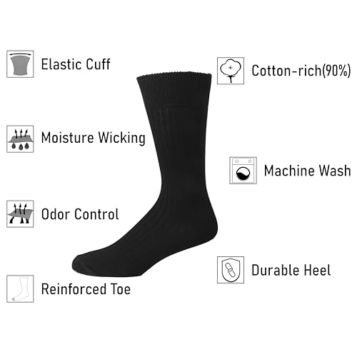 Falari Men Dress Socks 5-Pack Plain Rib Black Dress Socks Cotton Crew Socks Size 10-13 - Image 4