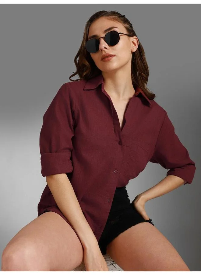 هاي ستار Stay effortlessly stylish with this comfortable Wine Oversized Shirts Solid design crafted from 100% Cotton featuring Long Sleeves with Button closure.