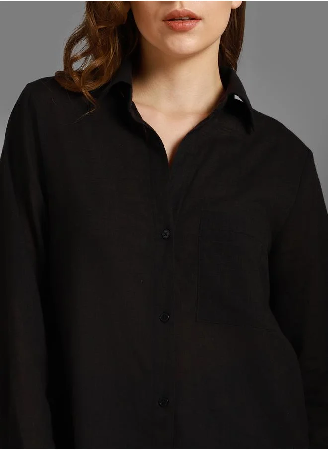 HIGH STAR Stay effortlessly stylish with this comfortable Black Boxy Fit Shirts Solid design crafted from 100% Cotton featuring Long Sleeves with Button closure.