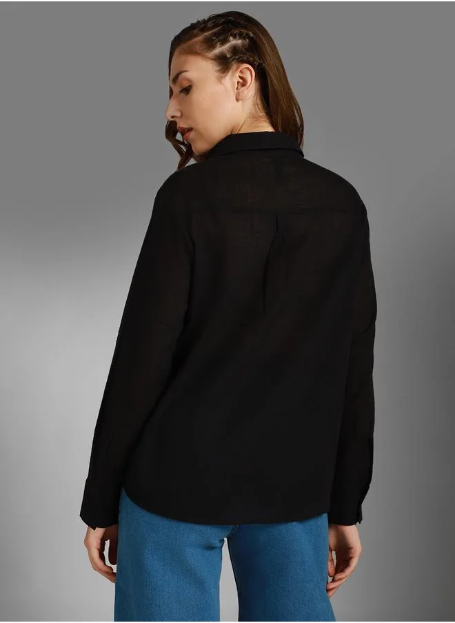 HIGH STAR Stay effortlessly stylish with this comfortable Black Boxy Fit Shirts Solid design crafted from 100% Cotton featuring Long Sleeves with Button closure.