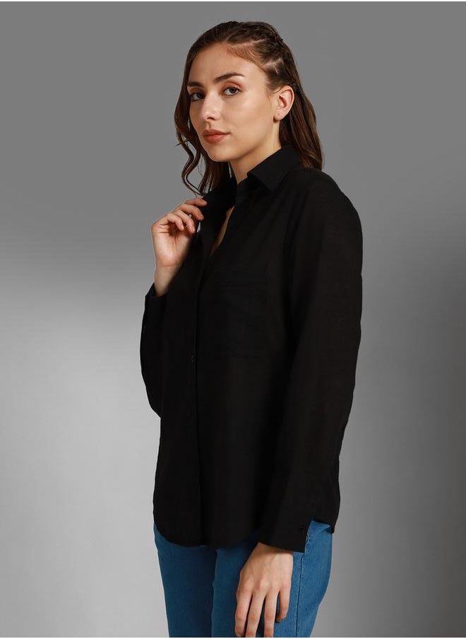 HIGH STAR Stay effortlessly stylish with this comfortable Black Boxy Fit Shirts Solid design crafted from 100% Cotton featuring Long Sleeves with Button closure.  - Image 2