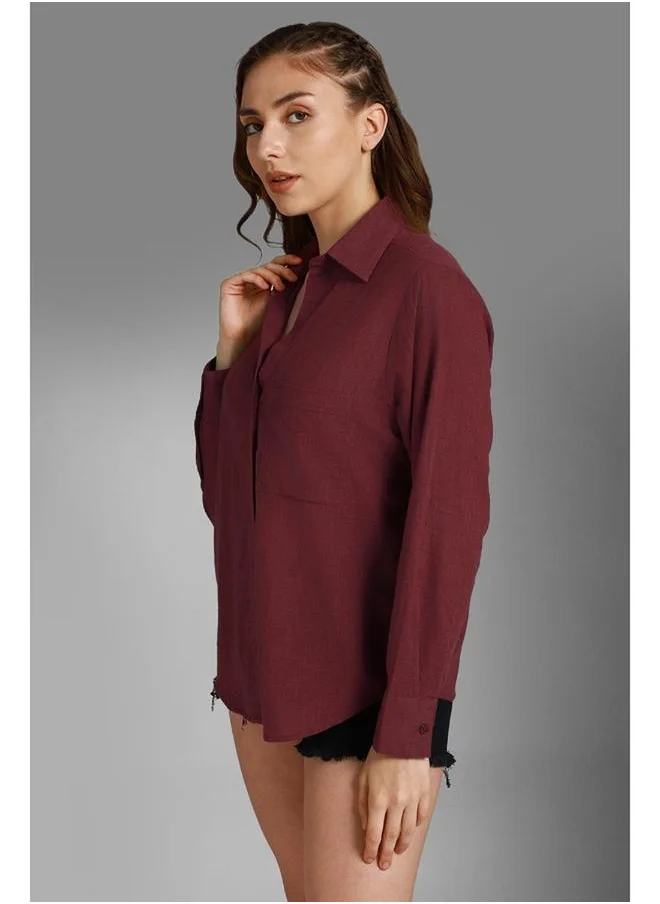 هاي ستار Stay effortlessly stylish with this comfortable Wine Oversized Shirts Solid design crafted from 100% Cotton featuring Long Sleeves with Button closure.