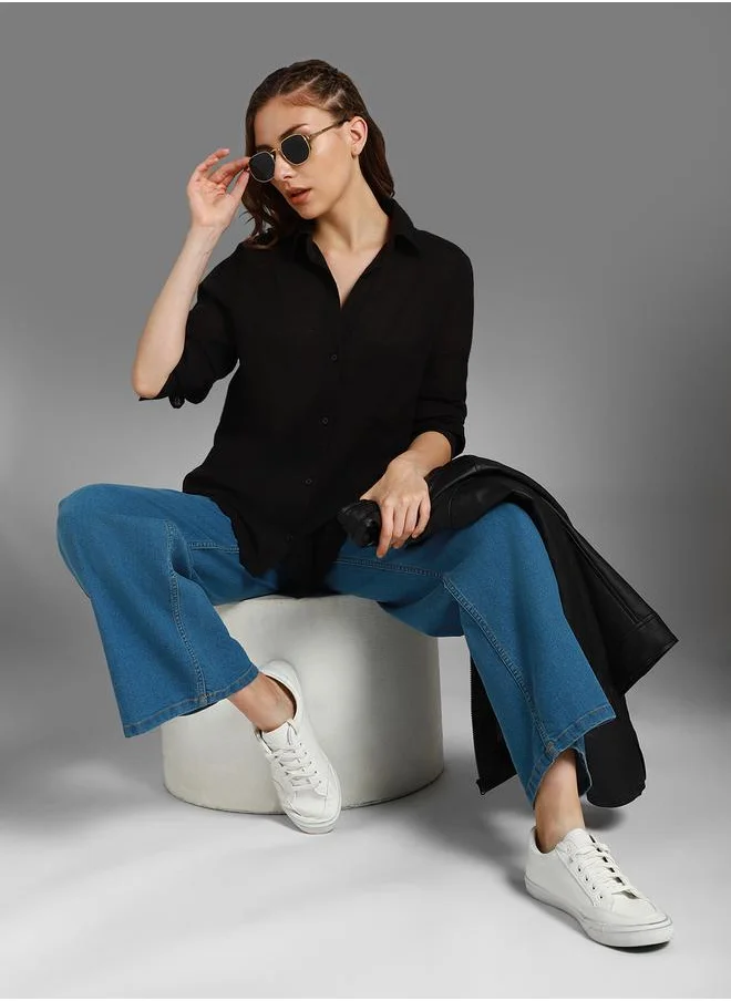 HIGH STAR Stay effortlessly stylish with this comfortable Black Boxy Fit Shirts Solid design crafted from 100% Cotton featuring Long Sleeves with Button closure.
