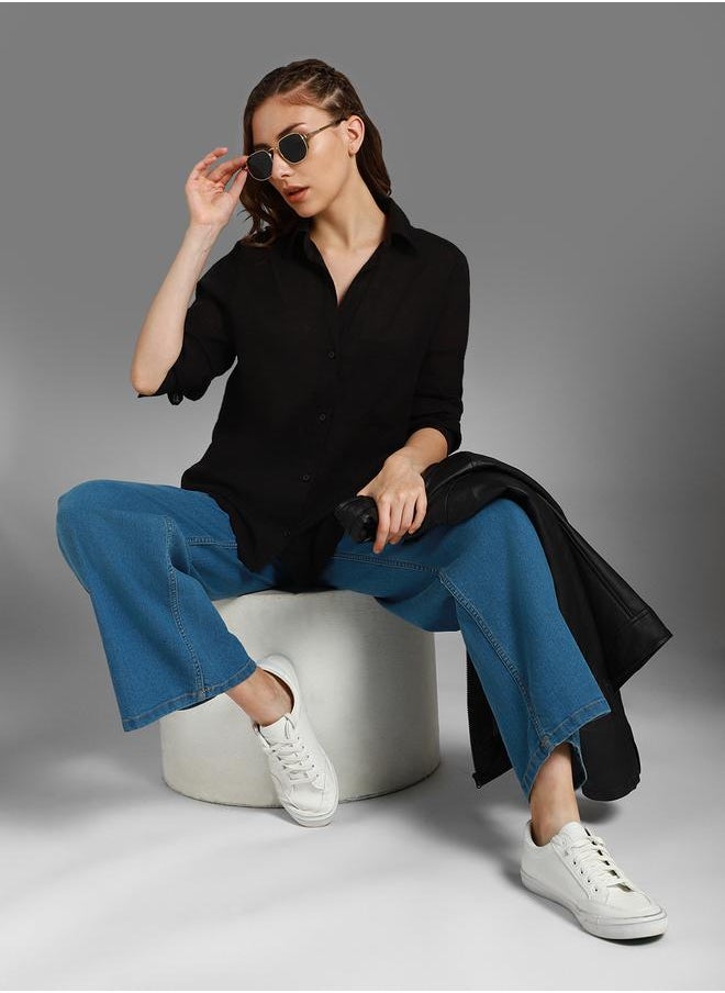 HIGH STAR - Stay effortlessly stylish with this comfortable Black Boxy Fit Shirts Solid design crafted from 100% Cotton featuring Long Sleeves with Button closure. - Image 1