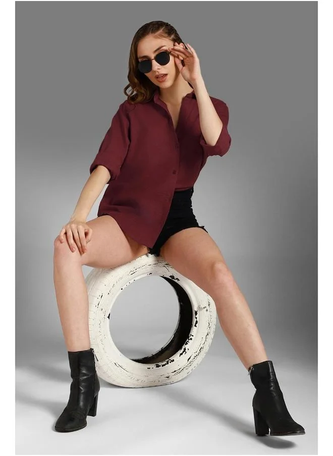 هاي ستار Stay effortlessly stylish with this comfortable Wine Oversized Shirts Solid design crafted from 100% Cotton featuring Long Sleeves with Button closure.