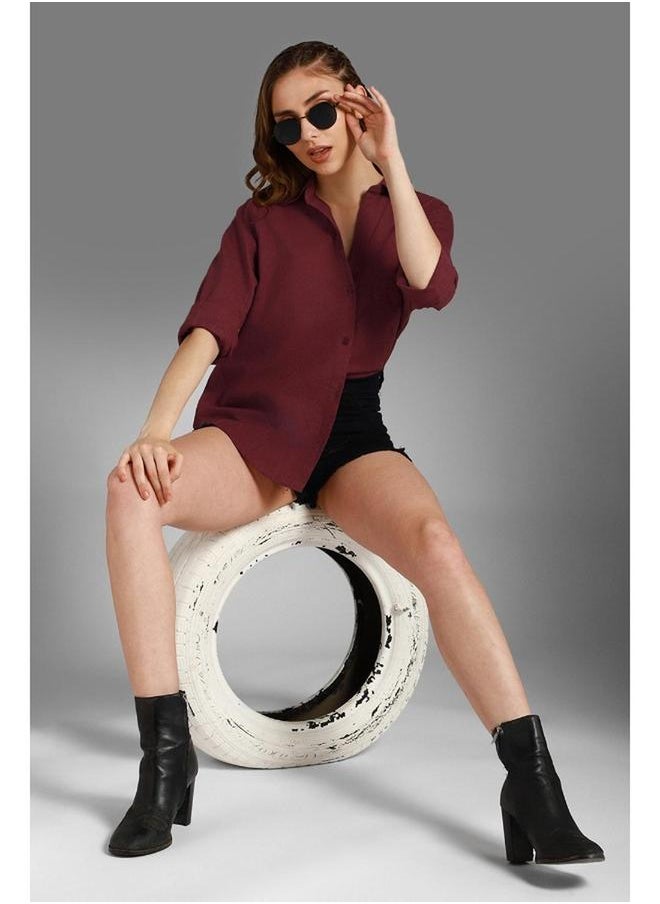 HIGH STAR - Stay effortlessly stylish with this comfortable Wine Oversized Shirts Solid design crafted from 100% Cotton featuring Long Sleeves with Button closure. - Image 1