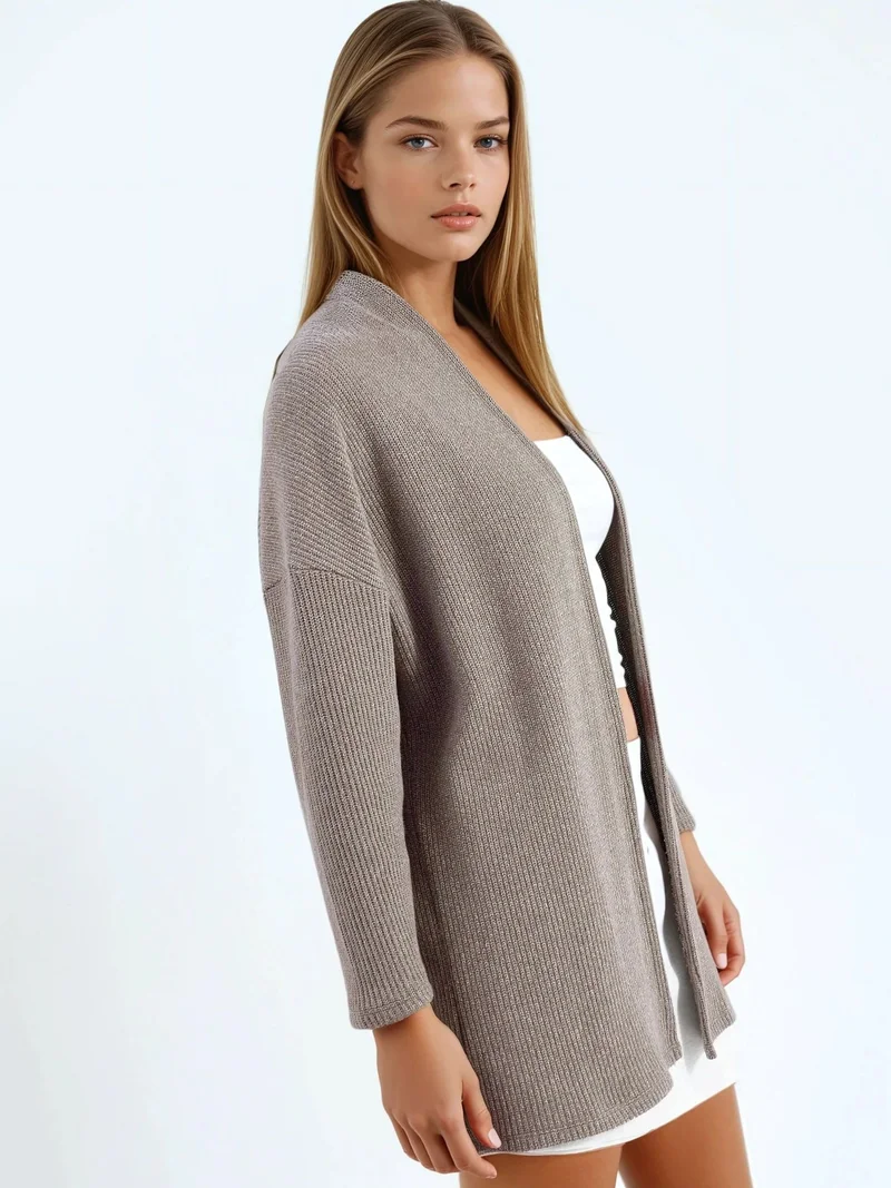 بوسيم BUSEM Long Ribbed Knit Cardigan with Open Collar