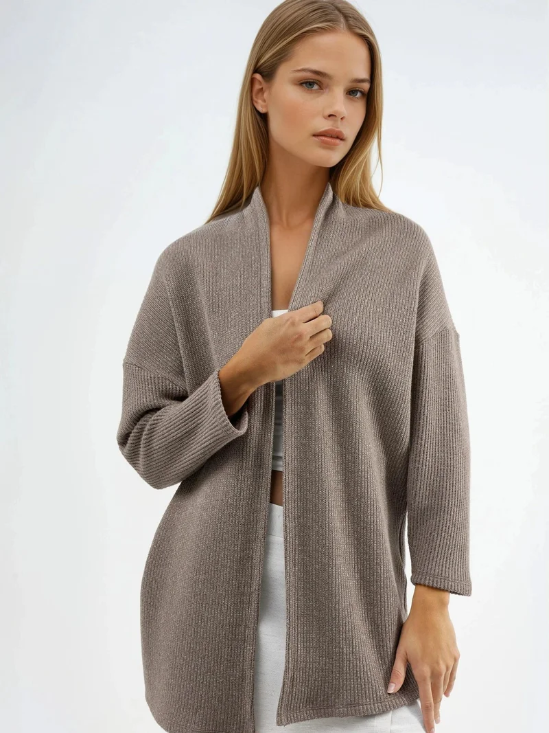 بوسيم BUSEM Long Ribbed Knit Cardigan with Open Collar