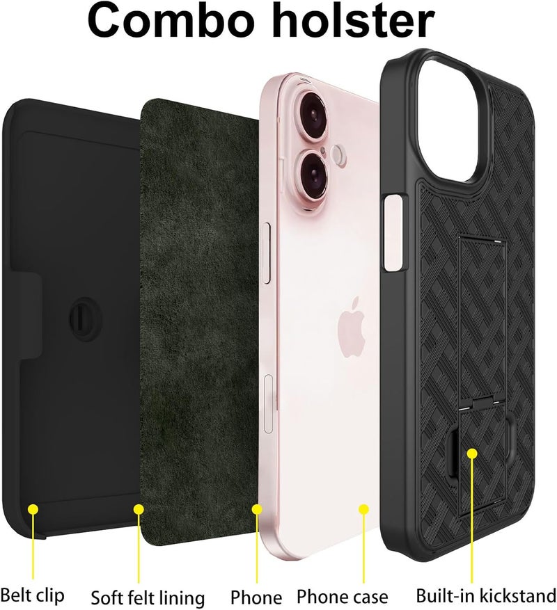 Ailiber Designed for iPhone 16 Plus Case with Stand, iPhone 16plus Belt Clip Holster with Camera Lens&Screen Protector, Swivel 2-in-1 Holder, Slim Shockproof Pouch Full Body Cell Phone Cover-Black - Image 3