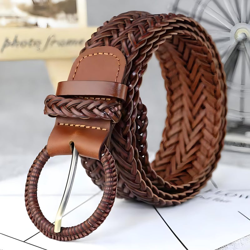 ANNULOYA Braided Belt for Women 1.6 inch Wide Woven Leather Waist Band for Pants and Dress with Buckle (Brown) - Image 2
