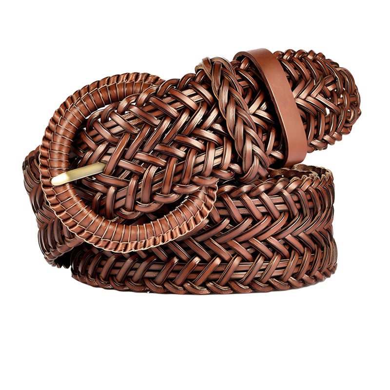 ANNULOYA Braided Belt for Women 1.6 inch Wide Woven Leather Waist Band for Pants and Dress with Buckle (Brown) - Image 1