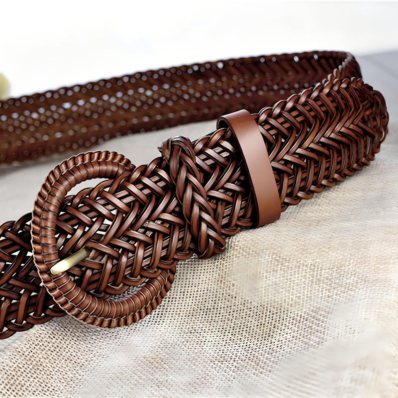 ANNULOYA Braided Belt for Women 1.6 inch Wide Woven Leather Waist Band for Pants and Dress with Buckle (Brown) - Image 3