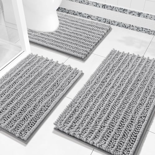 Arotive Chenille Bathroom Rugs Set 3 Piece, Extra Soft Absorbent Shaggy Bath Mat and U-Shaped Contour Toilet Rug, Non-Slip Machine Wash Dry Bath Mats Set for Bathroom, Shower, Sink and Tub, Light Grey - Image 1