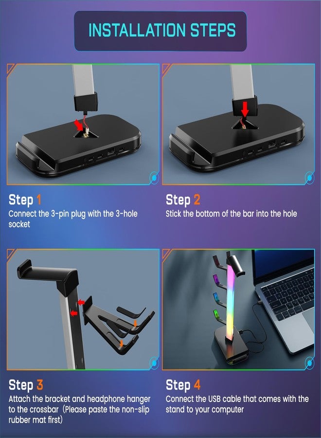حامل سماعات ألعاب مع محطة شحن، حامل سماعات RGB مع 10 أوضاع إضاءة، حامل لأربعة أجهزة تحكم مع منفذ USB واحد ومنفذي شحن من النوع C - خطاف سماعة أذن لتخزين ملحقات ألعاب الكمبيوتر المكتبي - Image 4