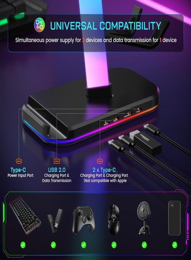 حامل سماعات ألعاب مع محطة شحن، حامل سماعات RGB مع 10 أوضاع إضاءة، حامل لأربعة أجهزة تحكم مع منفذ USB واحد ومنفذي شحن من النوع C - خطاف سماعة أذن لتخزين ملحقات ألعاب الكمبيوتر المكتبي - Image 3