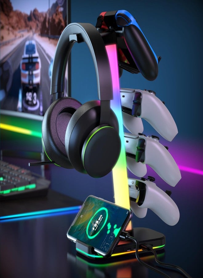 حامل سماعات ألعاب مع محطة شحن، حامل سماعات RGB مع 10 أوضاع إضاءة، حامل لأربعة أجهزة تحكم مع منفذ USB واحد ومنفذي شحن من النوع C - خطاف سماعة أذن لتخزين ملحقات ألعاب الكمبيوتر المكتبي - Image 1