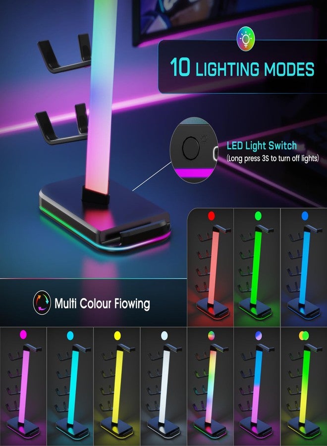 حامل سماعات ألعاب مع محطة شحن، حامل سماعات RGB مع 10 أوضاع إضاءة، حامل لأربعة أجهزة تحكم مع منفذ USB واحد ومنفذي شحن من النوع C - خطاف سماعة أذن لتخزين ملحقات ألعاب الكمبيوتر المكتبي - Image 2