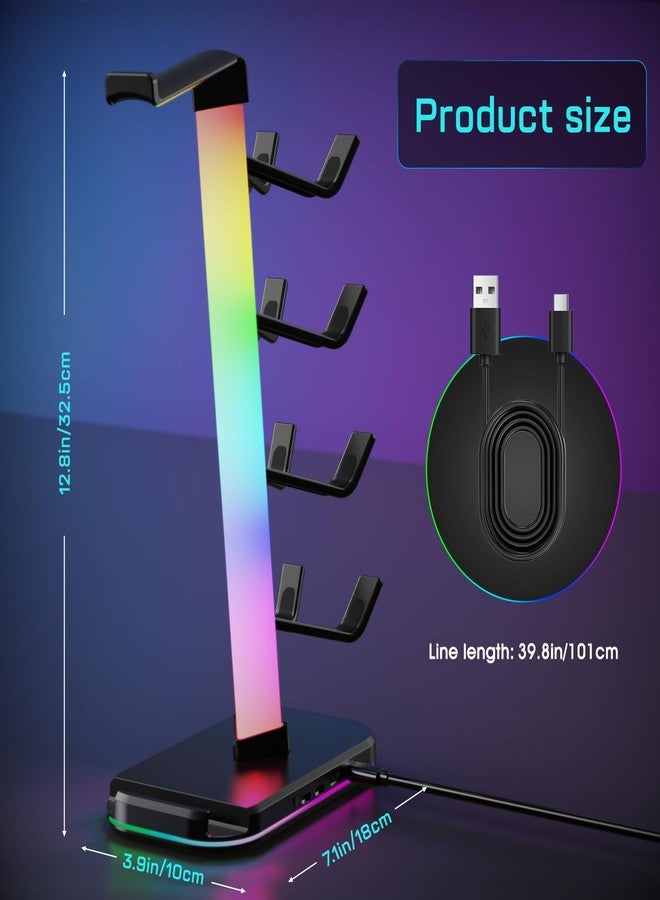 حامل سماعات ألعاب مع محطة شحن، حامل سماعات RGB مع 10 أوضاع إضاءة، حامل لأربعة أجهزة تحكم مع منفذ USB واحد ومنفذي شحن من النوع C - خطاف سماعة أذن لتخزين ملحقات ألعاب الكمبيوتر المكتبي - Image 5