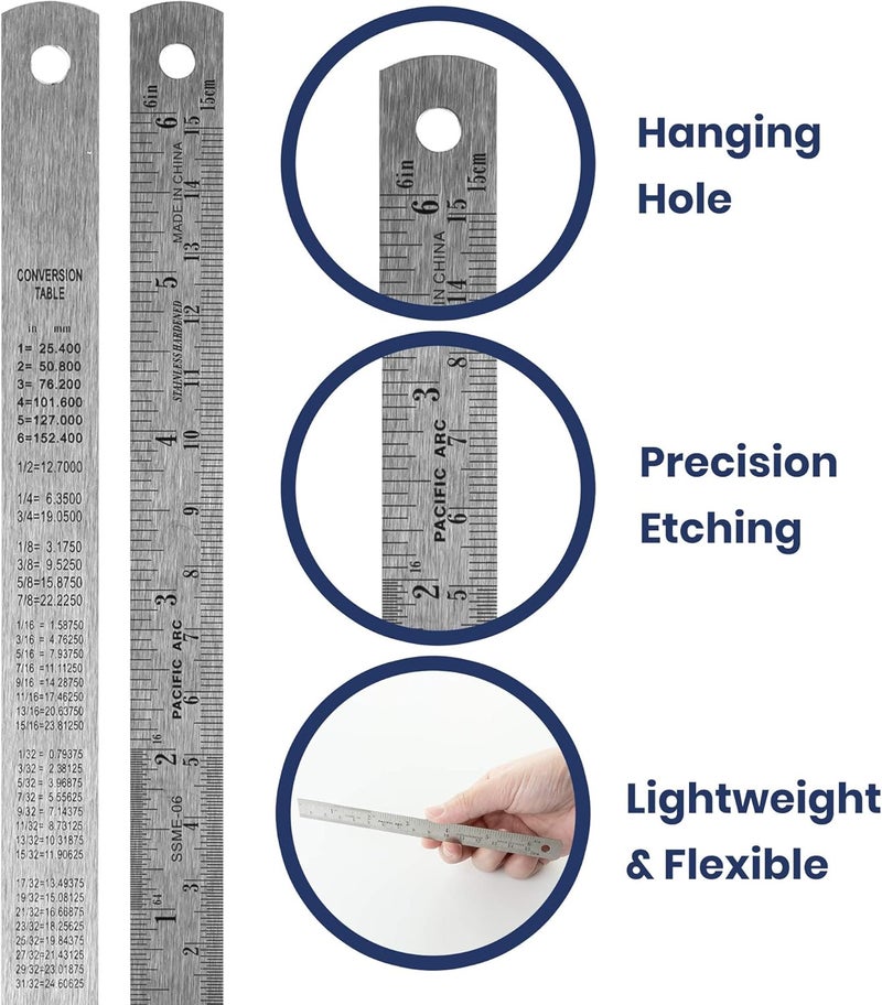 Pacific Arc 6 Inch Stainless Steel Ruler with Inch/Metric Conversion Table - Image 3