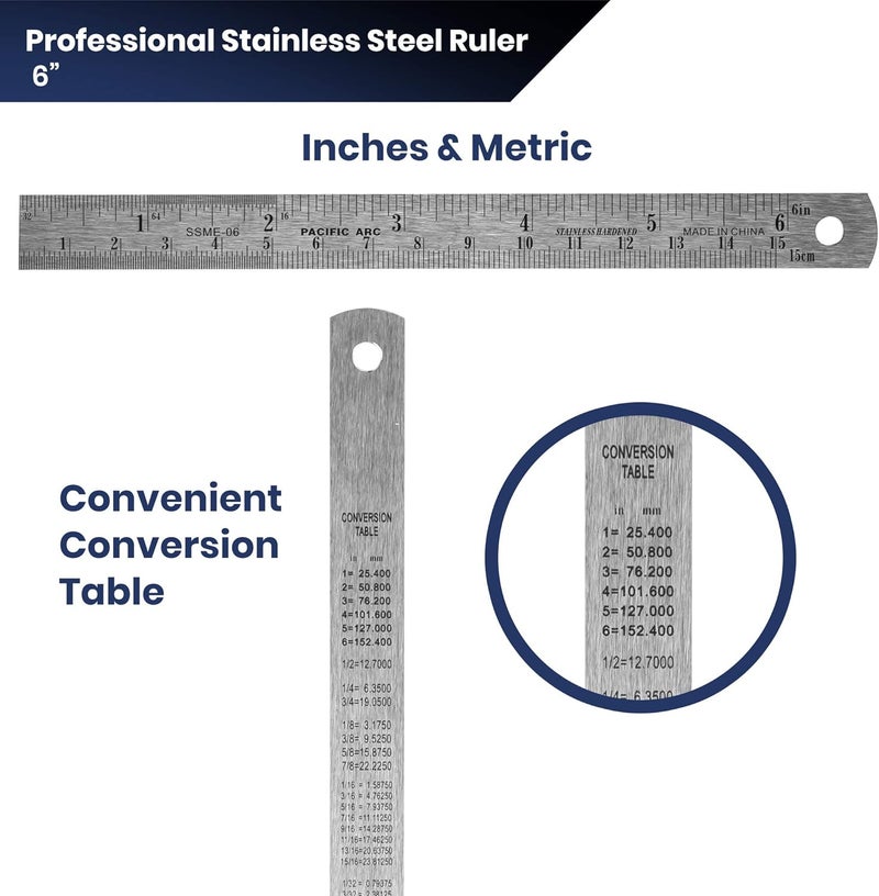 Pacific Arc 6 Inch Stainless Steel Ruler with Inch/Metric Conversion Table - Image 4