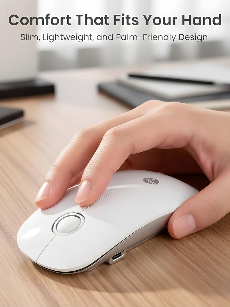 RAPIQUE R306 Pro Wireless Mouse, Dual Bluetooth & 2.4G, Type-C Rechargeable, Silent Click, Slim Symmetrical Design, Portable for Laptop/iPad/MacBook/Desktop/Windows/macOS â€“ White - Image 3