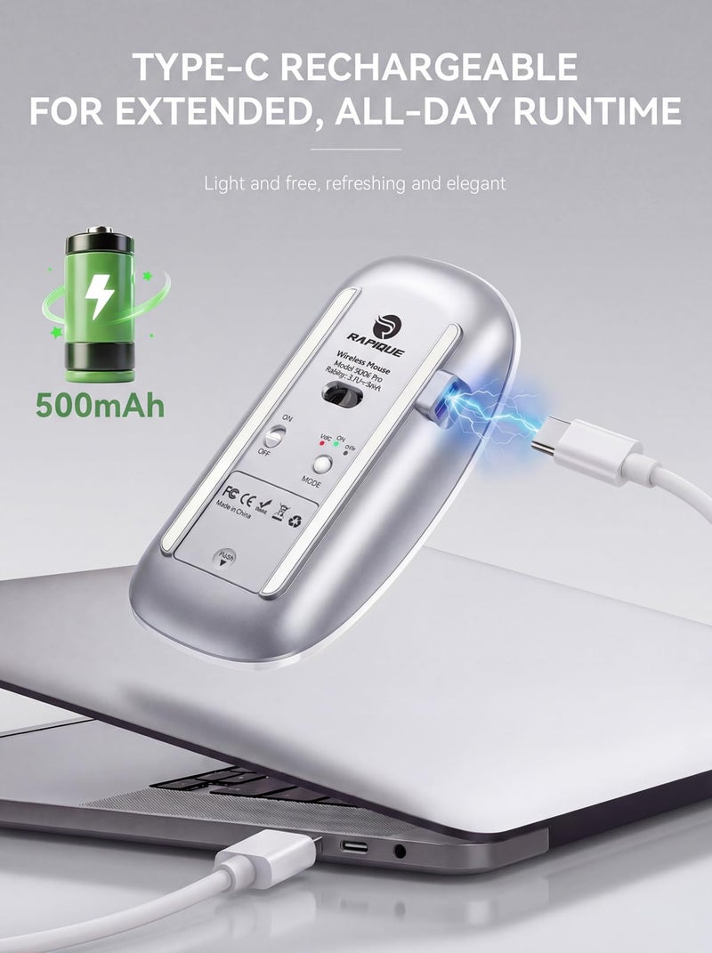 RAPIQUE R306 Pro Wireless Mouse, Dual Bluetooth & 2.4G, Type-C Rechargeable, Silent Click, Slim Symmetrical Design, Portable for Laptop/iPad/MacBook/Desktop/Windows/macOS â€“ White - Image 5