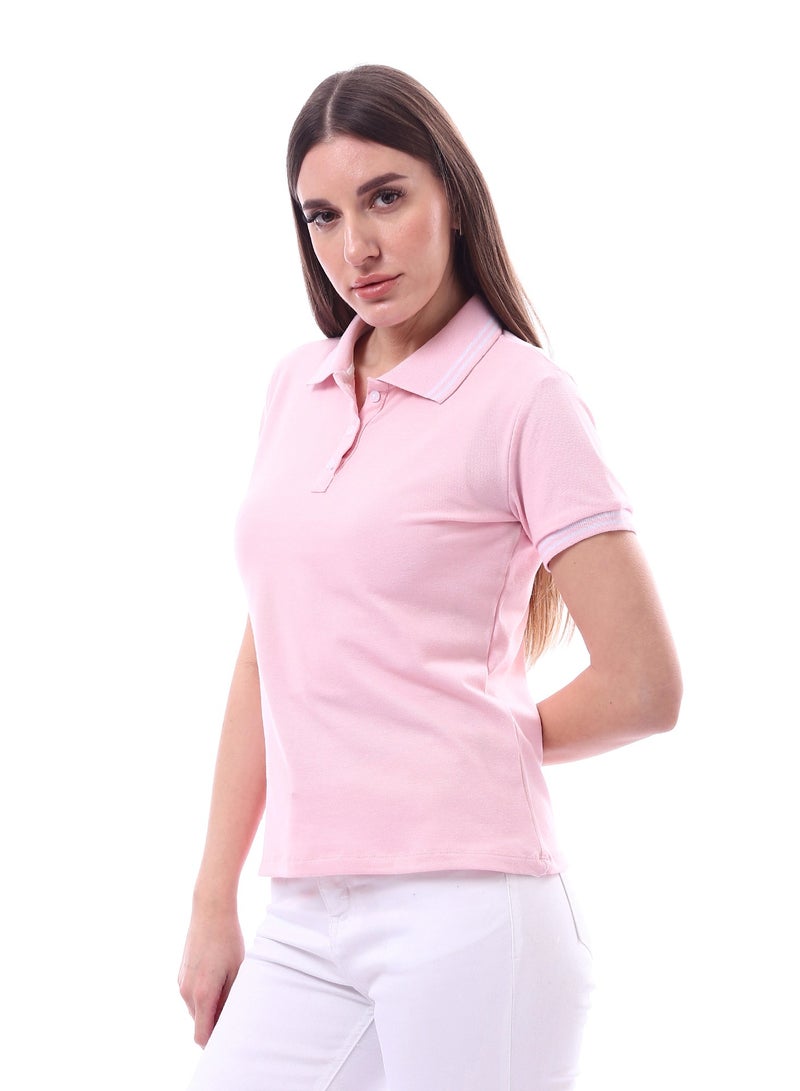 Andora Woman Turn Down Collar Solid Polo Shirt _ Rose - Image 2
