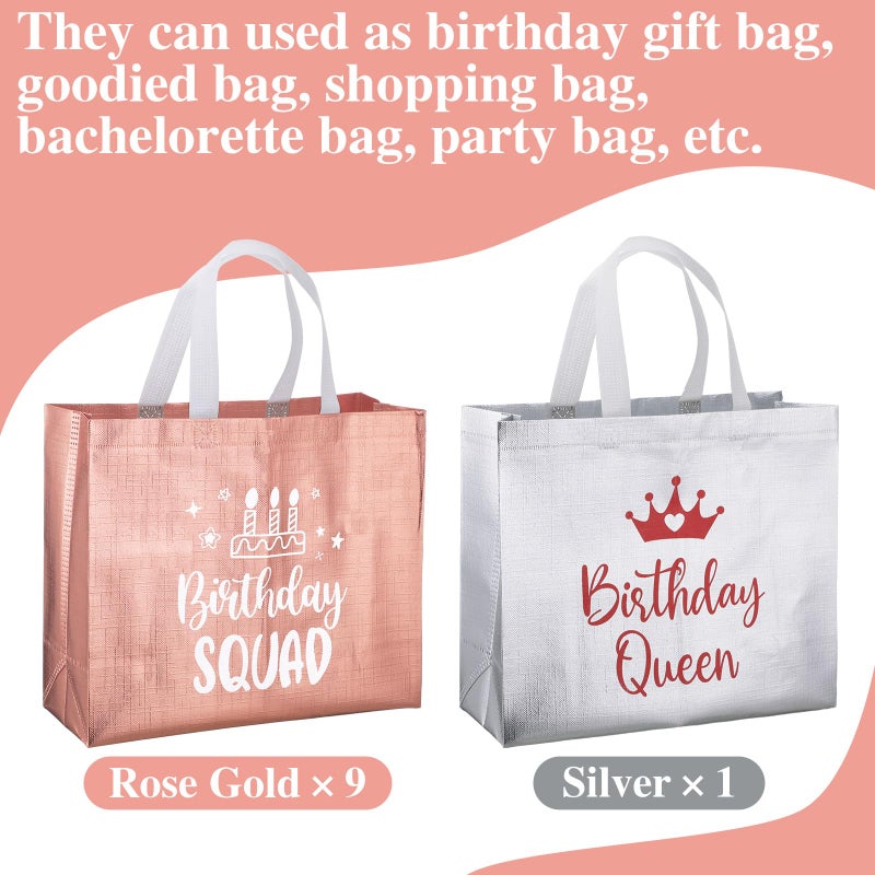 Clysee 10 Pack Reusable Birthday Squad Birthday Queen Gift Bag with Handle Large Tote Bag for Women(Silver, Rose Gold) - Image 3