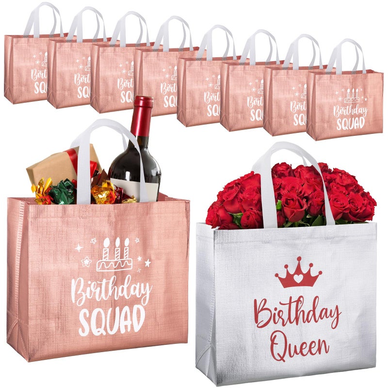 Clysee 10 Pack Reusable Birthday Squad Birthday Queen Gift Bag with Handle Large Tote Bag for Women(Silver, Rose Gold) - Image 1