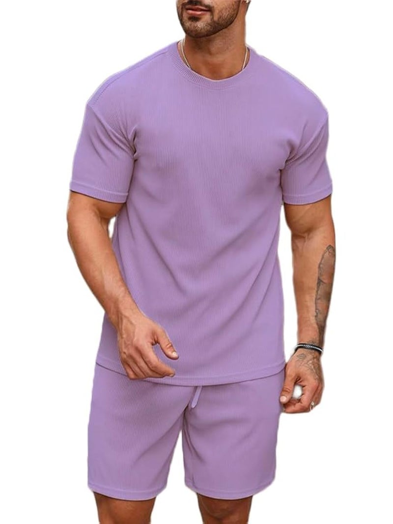 SMOWKLY Men's Premium Hosiery Cotton Blend Pyjama Set || Stylish Round Neck T-Shirt and Shorts || Casual Night Suit Wear Set for Man (1164_MTNS_LVNDR_S) - Image 1