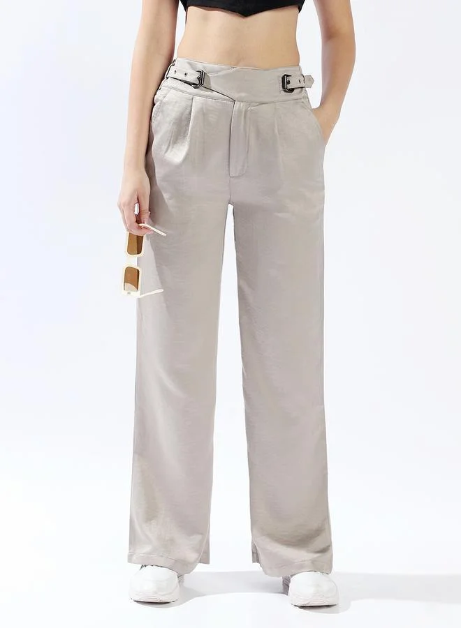 HIGH STAR Women's Light Grey 100% Polyester Solid Pattern Full Length Palazzo Wide Leg Trouser