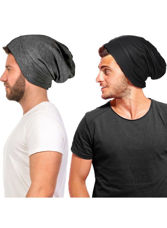 Geyoga 2 Pieces Silk Satin Bonnet for Mens with Natural Curly Wave Hair (Black, Dark Grey) - Image 1