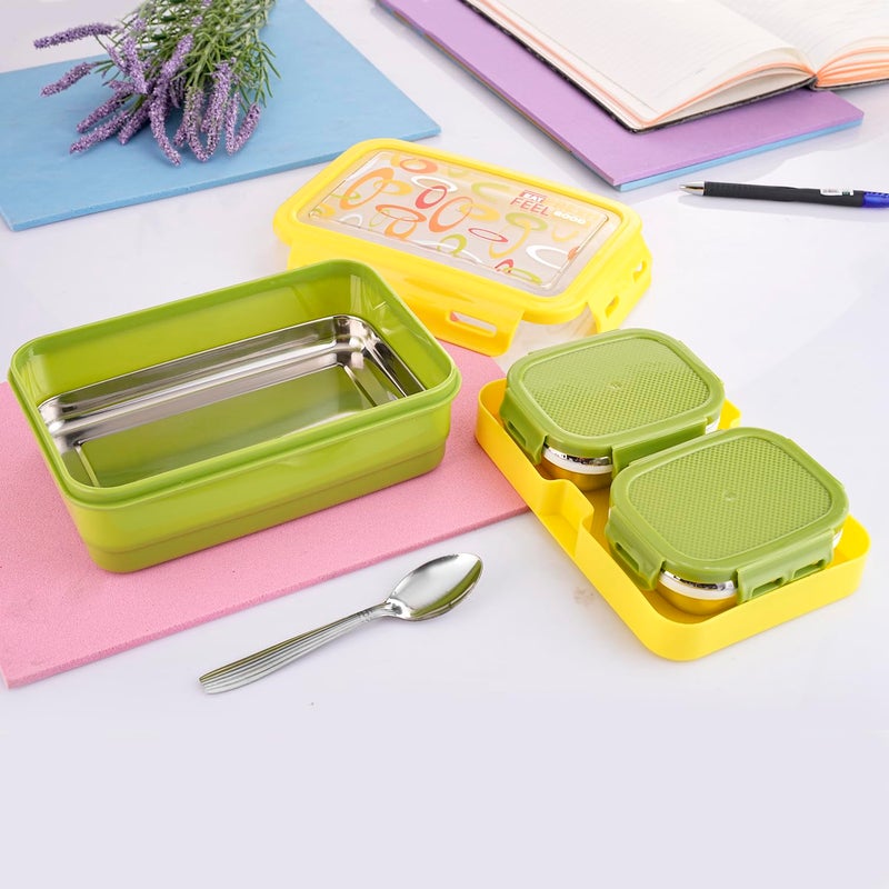 Zerya Stainless Steel Airtight LeakProof Snacks Tiffin Box for Kids Lunch Box 1 Bottom with Lid 1 Steel Plate 2 SS Small Katori 1 SS Spoon Lunch Box for School Office 1100ML Green - Image 1