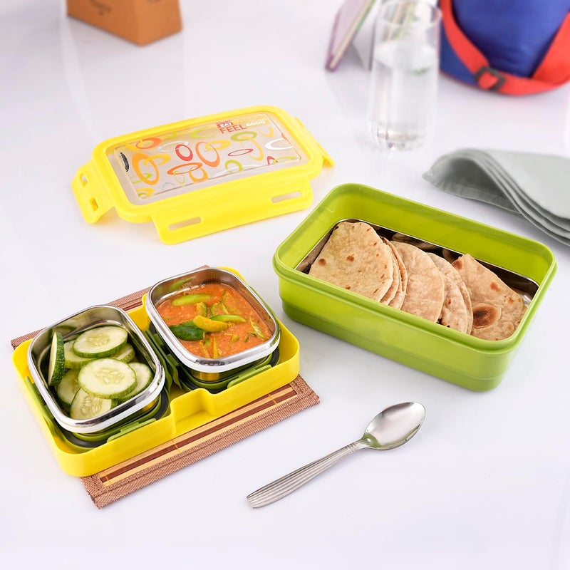 Zerya Stainless Steel Airtight LeakProof Snacks Tiffin Box for Kids Lunch Box 1 Bottom with Lid 1 Steel Plate 2 SS Small Katori 1 SS Spoon Lunch Box for School Office 1100ML Green - Image 2