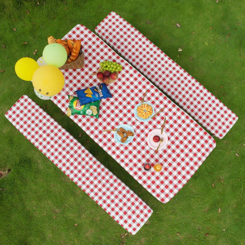 Easy-Going EasyGoing 100 Waterproof Picnic Outdoor Tablecloth with Bench Covers Fit 8 Foot Rectangle Table 3Piece Set Camping Table Cover with Seat Covers 30x96 in RedCheckered 