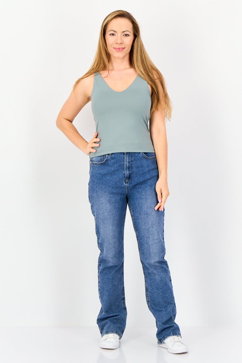 bebe Women V Neck Sleeveless Solid Tank Top, Light Olive  - Image 2