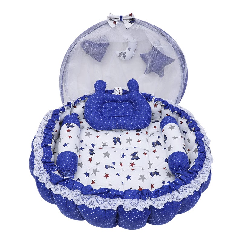 Remixon REMIXON Blue 3 Pillow with Mosquito Protection Net & Round Shape Cotton Baby Bed for 0-1 Year BB20  - Image 1