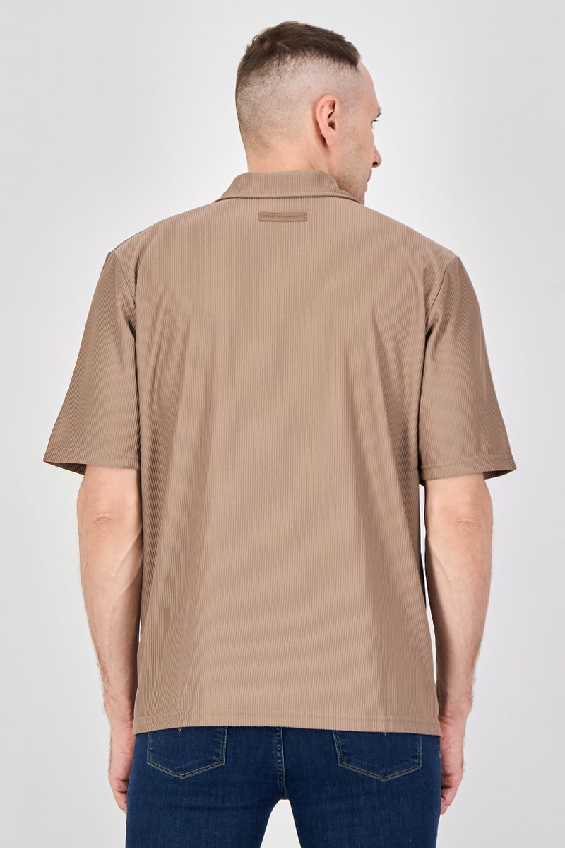 Core Elements Men Regular Fit Textured Short Sleeve Casual Shirt, Taupe - Image 3