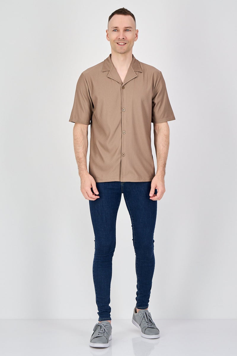 Core Elements Men Regular Fit Textured Short Sleeve Casual Shirt, Taupe - Image 4