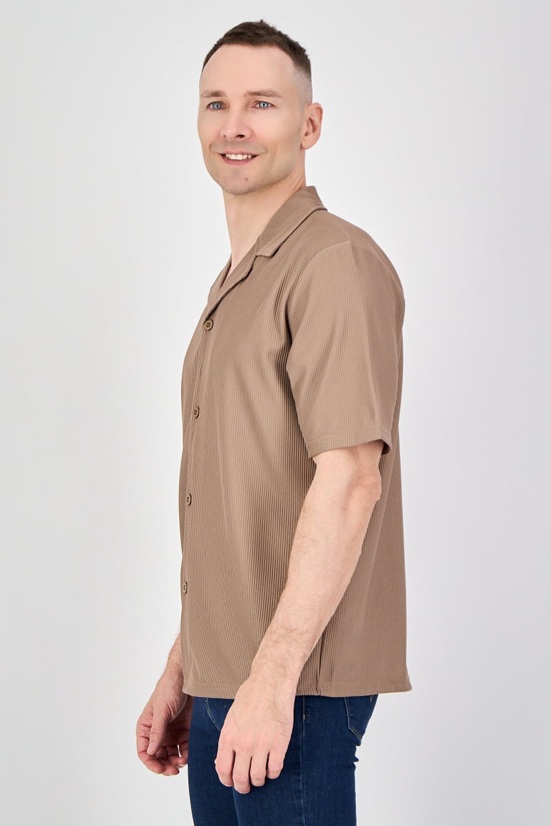 Core Elements Men Regular Fit Textured Short Sleeve Casual Shirt, Taupe - Image 2