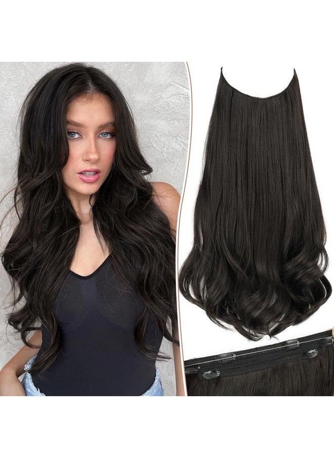 KooKaStyle - Invisible Wire Hair Extensions Long Wavy Layered Synthetic Hair Extensions With Transparent Wire Adjustable Size 6 Secure Clips Natural Black Hairpieces For Women 20 Inch - Image 1