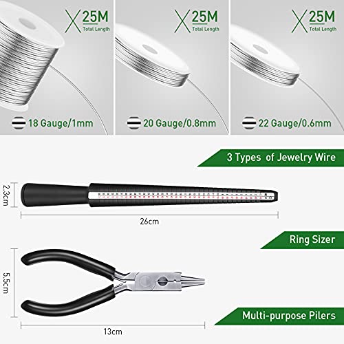 Hotop Jewelry Wire for Jewelry Making 18/20/22 Gauge Craft Wire with Pliers and Ring Sizer Beadingaluminum Craft Wire(3 Rolls,Silver,1 mm, 0.8 mm, 0.6 mm (25 m)) - Image 3