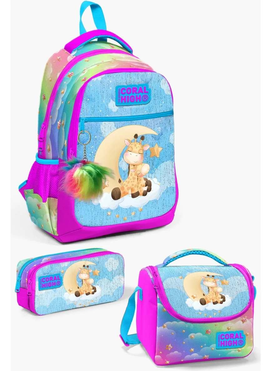 CORAL HIGH Kids Blue Pink Giraffe Patterned 3-Piece School Bag Set SET0123479