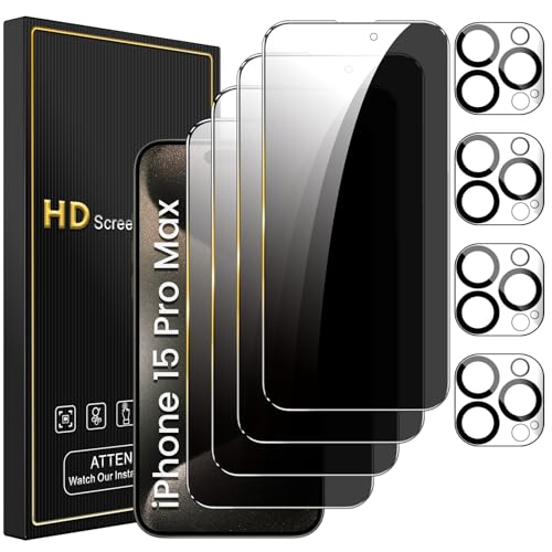 Romkasi 4 Pack Privacy Screen Protector for iPhone 15 Pro Max 67 Inch with 4 Pack Camera Lens Protector Anti Spy Tempered Glass Film AntiScratch Touch Sensitive Case Friendly - Image 1