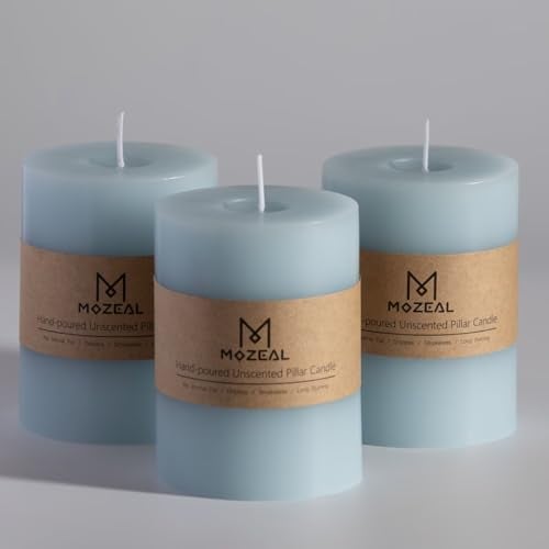 MOZEAL 3" x 4" Hand-Poured Unscented Baby Blue Candle, Dripless Sky Blue/Light Blue Pillar Candle Set of 3, Long Clean Burning, Approx 72 Hours Burn Time, Rustic Country Style, Home Decor - Image 1
